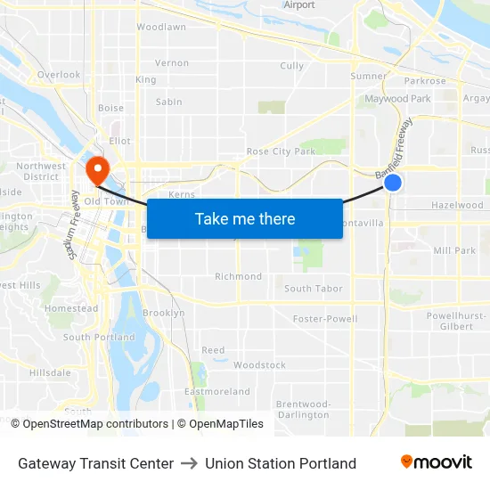 Gateway Transit Center to Union Station Portland map