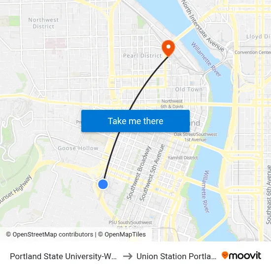 Portland State University-West to Union Station Portland map