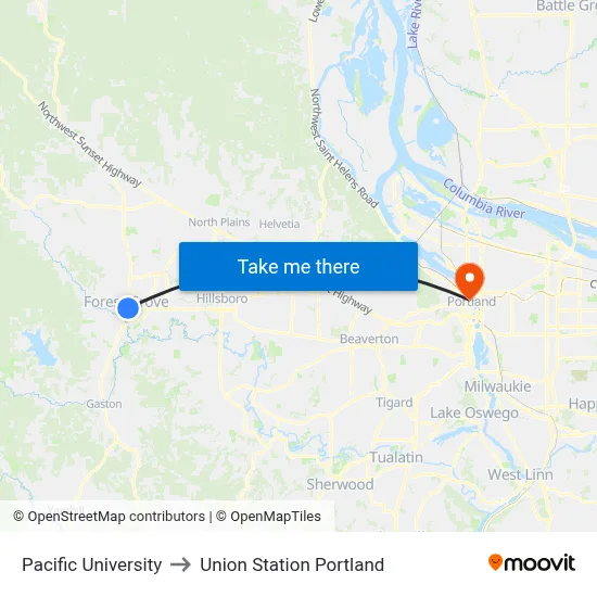 Pacific University to Union Station Portland map