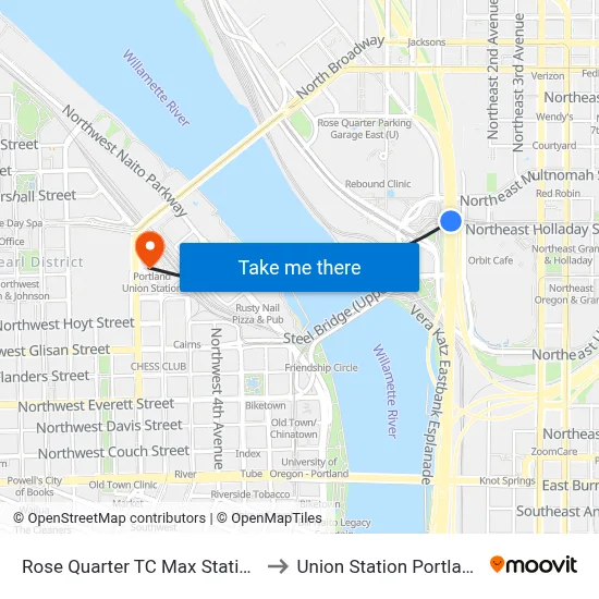Rose Quarter TC Max Station to Union Station Portland map