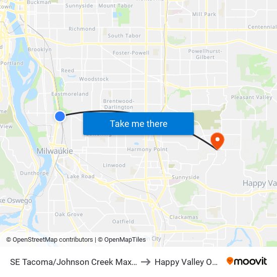 SE Tacoma/Johnson Creek Max Station to Happy Valley OR USA map
