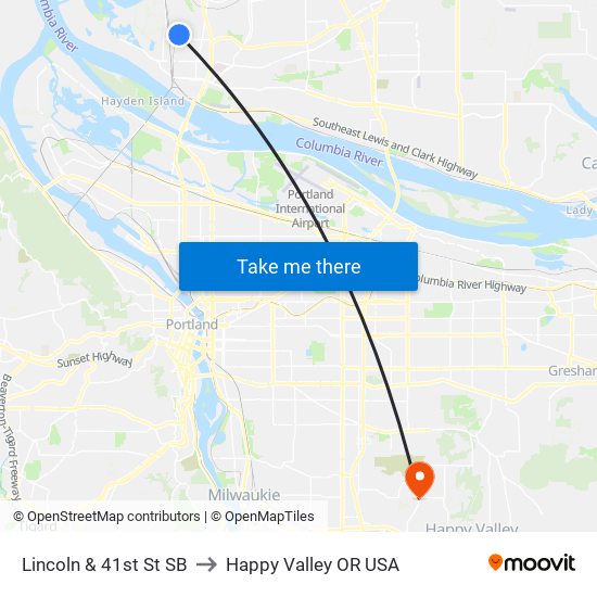 Lincoln & 41st St SB to Happy Valley OR USA map