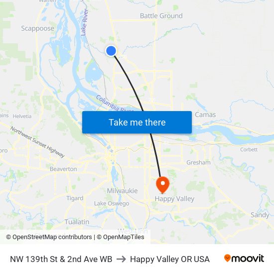 NW 139th St & 2nd Ave WB to Happy Valley OR USA map