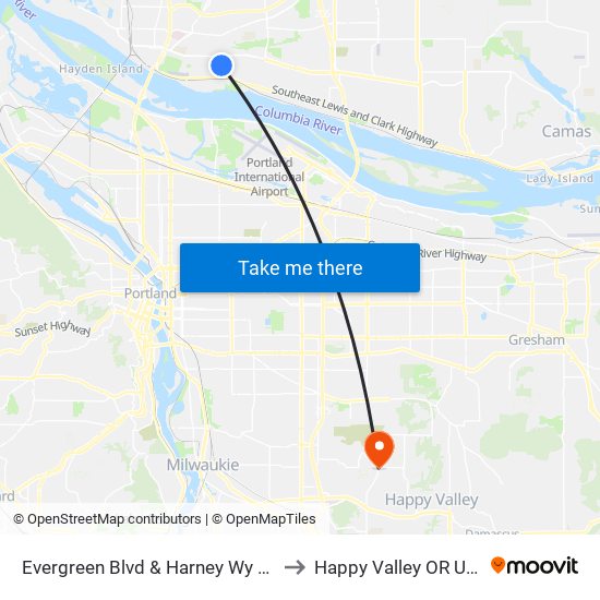 Evergreen Blvd & Harney Wy WB to Happy Valley OR USA map