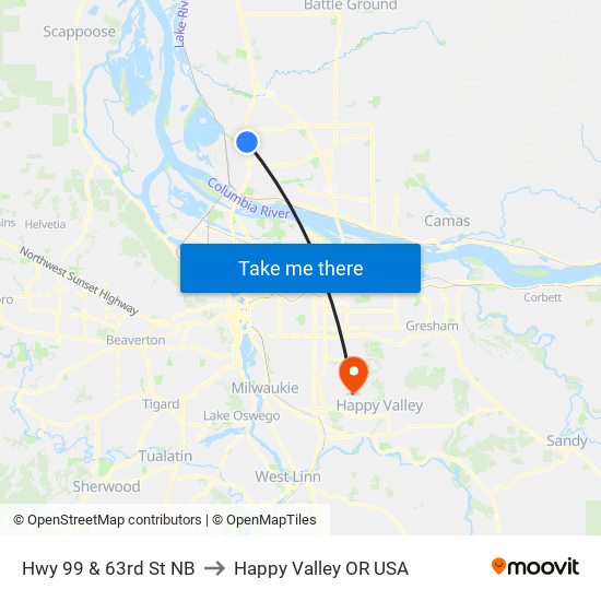 Hwy 99 & 63rd St NB to Happy Valley OR USA map