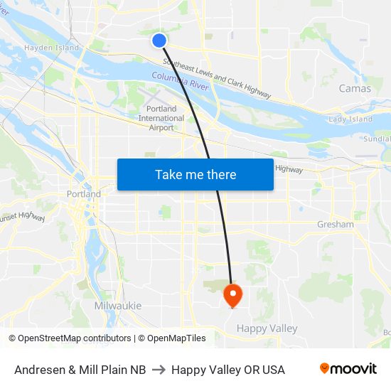 Andresen & Mill Plain NB to Happy Valley OR USA map