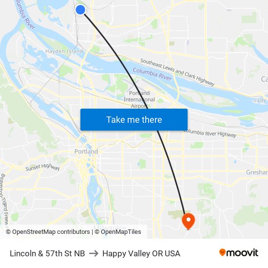 Lincoln & 57th St NB to Happy Valley OR USA map