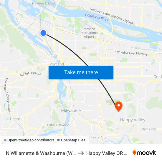 N Willamette & Washburne (West) to Happy Valley OR USA map