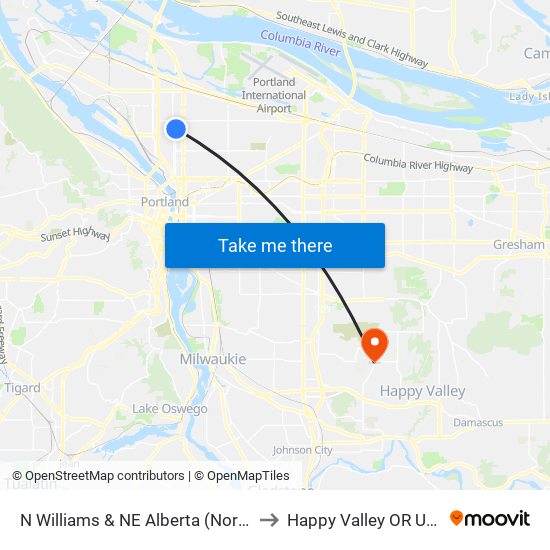 N Williams & NE Alberta (North) to Happy Valley OR USA map