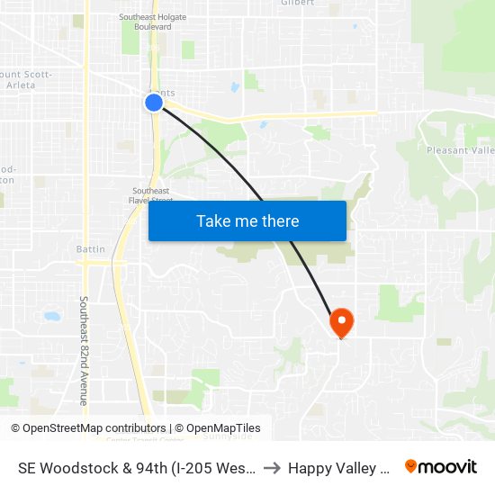 SE Woodstock & 94th (I-205 West End) (East) to Happy Valley OR USA map