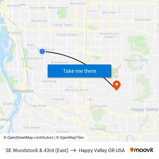 SE Woodstock & 43rd (East) to Happy Valley OR USA map