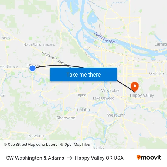 SW Washington & Adams to Happy Valley OR USA map