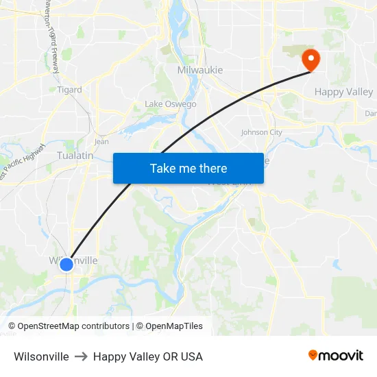 Wilsonville to Happy Valley OR USA map
