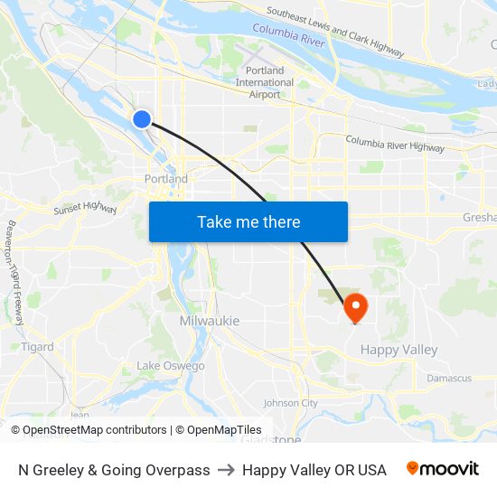 N Greeley & Going Overpass to Happy Valley OR USA map