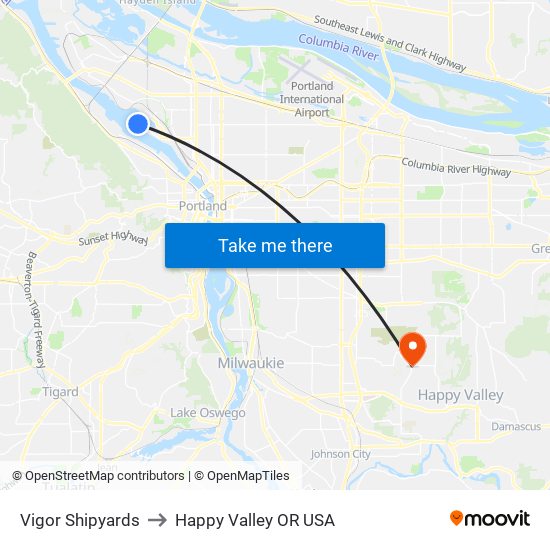 Vigor Shipyards to Happy Valley OR USA map