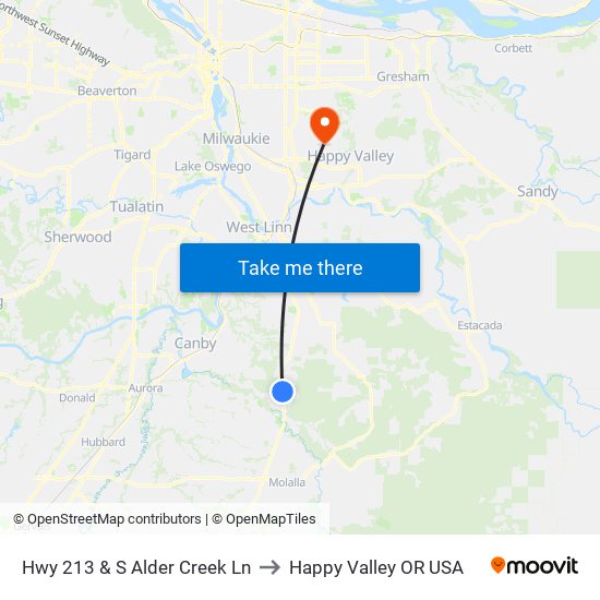 Hwy 213 & S Alder Creek Ln to Happy Valley OR USA map