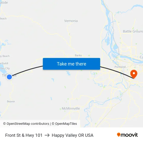 Front St & Hwy 101 to Happy Valley OR USA map