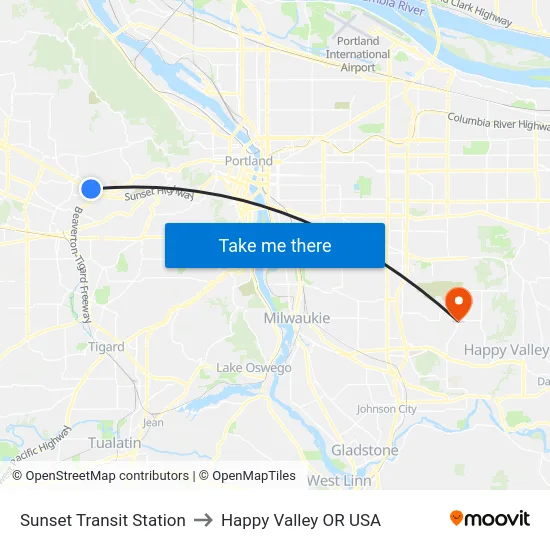 Sunset Transit Station to Happy Valley OR USA map