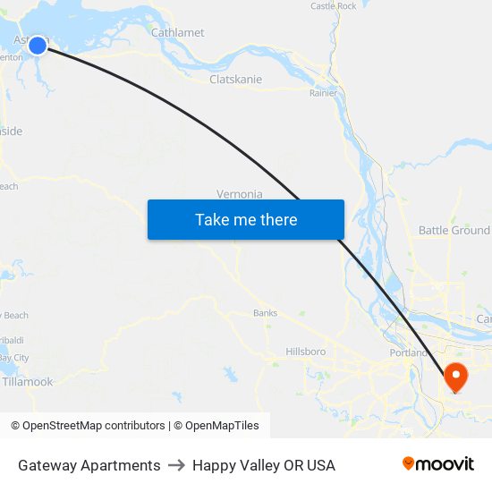 Gateway Apartments to Happy Valley OR USA map