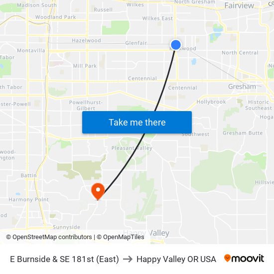 E Burnside & SE 181st (East) to Happy Valley OR USA map