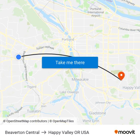 Beaverton Central to Happy Valley OR USA map
