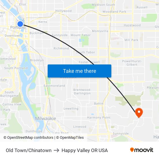 Old Town/Chinatown to Happy Valley OR USA map