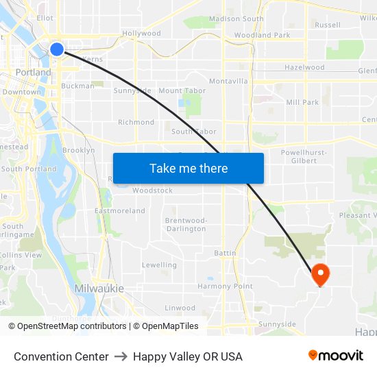 Convention Center to Happy Valley OR USA map