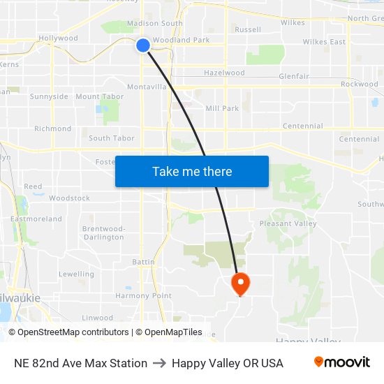 NE 82nd Ave Max Station to Happy Valley OR USA map