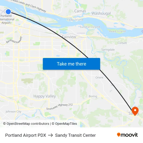 Portland Airport PDX to Sandy Transit Center map