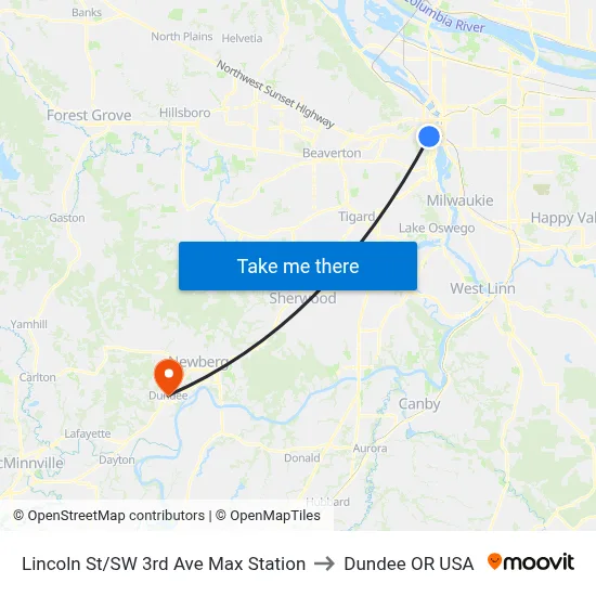 Lincoln St/SW 3rd Ave Max Station to Dundee OR USA map
