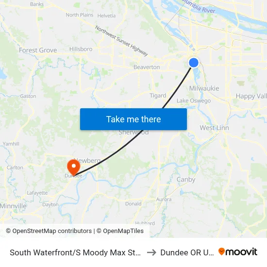 South Waterfront/S Moody Max Station to Dundee OR USA map