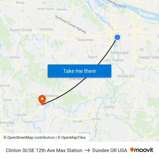 Clinton St/SE 12th Ave Max Station to Dundee OR USA map