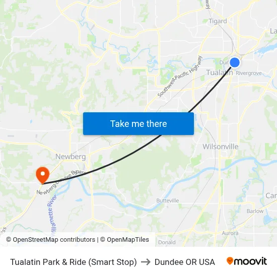 Tualatin Park & Ride (Smart Stop) to Dundee OR USA map