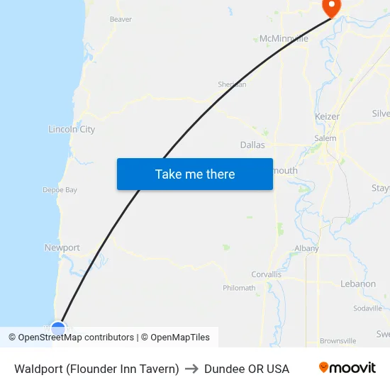 Waldport (Flounder Inn Tavern) to Dundee OR USA map