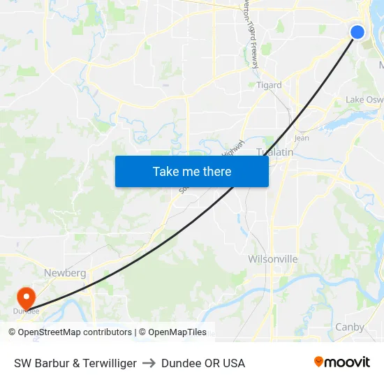 SW Barbur & Terwilliger to Dundee OR USA map
