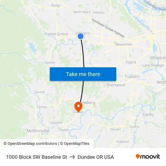 1000 Block SW Baseline St to Dundee OR USA map