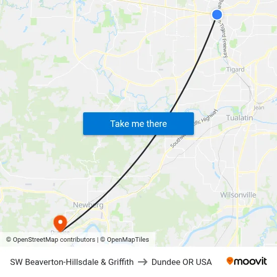 SW Beaverton-Hillsdale & Griffith to Dundee OR USA map
