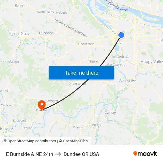 E Burnside & NE 24th to Dundee OR USA map