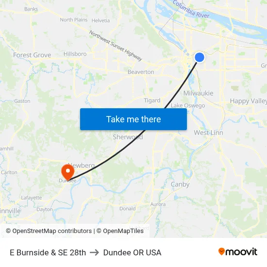 E Burnside & SE 28th to Dundee OR USA map
