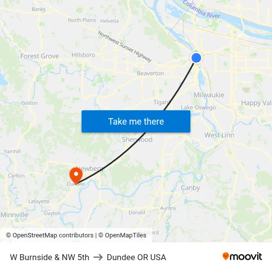 W Burnside & NW 5th to Dundee OR USA map