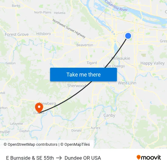 E Burnside & SE 55th to Dundee OR USA map