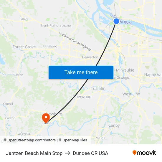 Jantzen Beach Main Stop to Dundee OR USA map