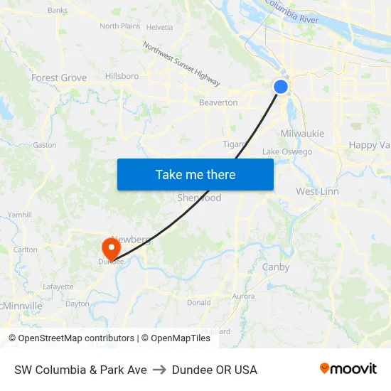 SW Columbia & Park Ave to Dundee OR USA map