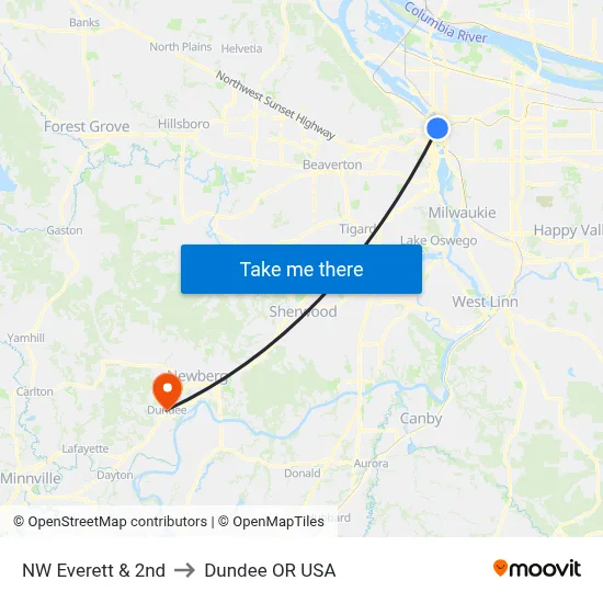 NW Everett & 2nd to Dundee OR USA map
