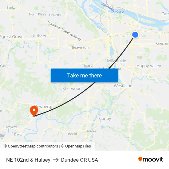 NE 102nd & Halsey to Dundee OR USA map
