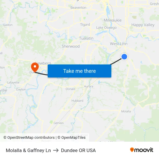 Molalla & Gaffney Ln to Dundee OR USA map