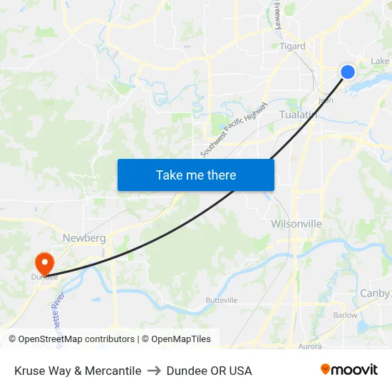 Kruse Way & Mercantile to Dundee OR USA map