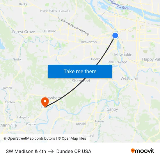 SW Madison & 4th to Dundee OR USA map