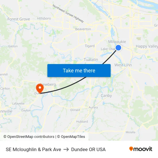 SE Mcloughlin & Park Ave to Dundee OR USA map