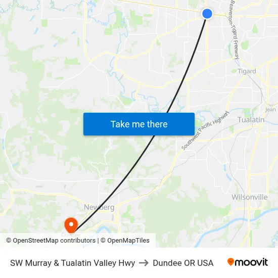SW Murray & Tualatin Valley Hwy to Dundee OR USA map
